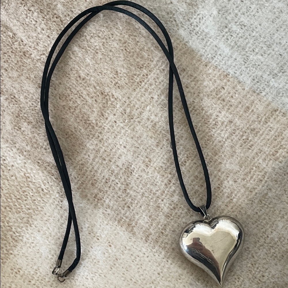 Vintage Silver Puffy Heart Pendant Necklace on Black Cord